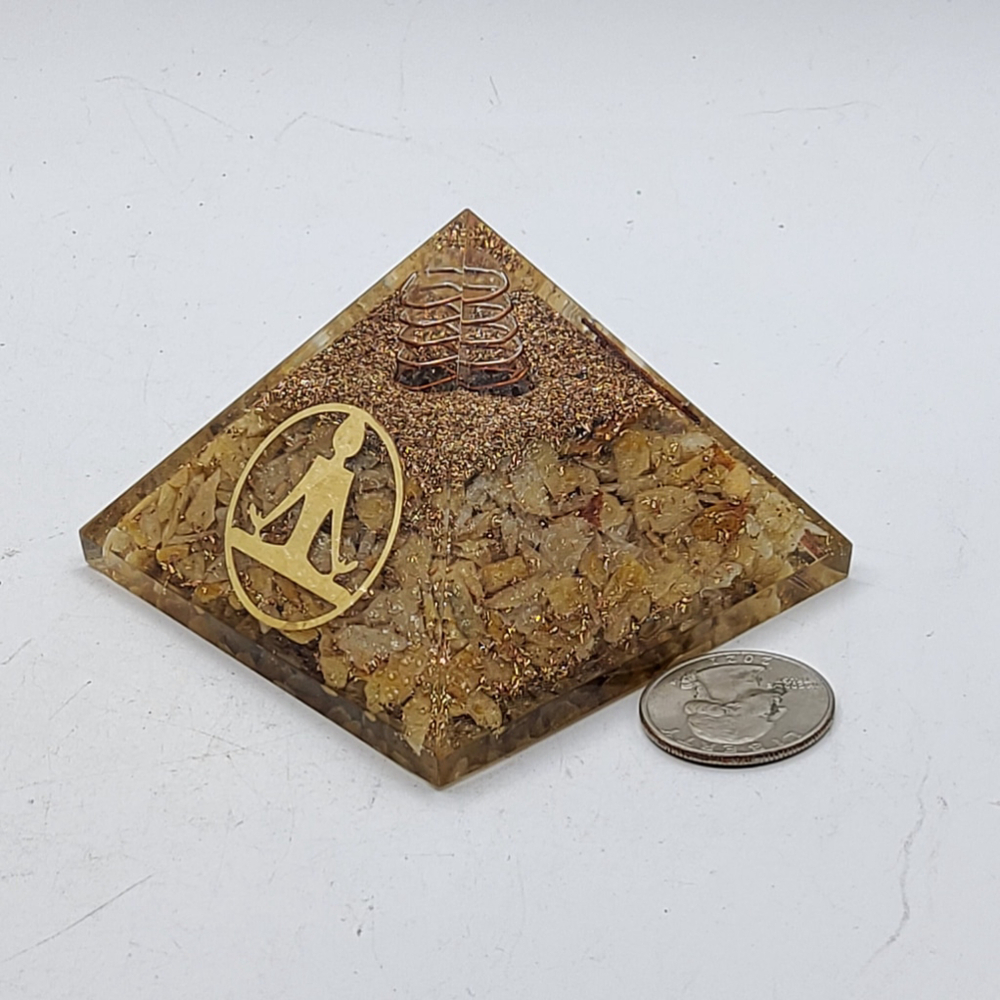 Golden Healer Orgonite Pyramid with Golden Yoga Symbol Meditation Yoga